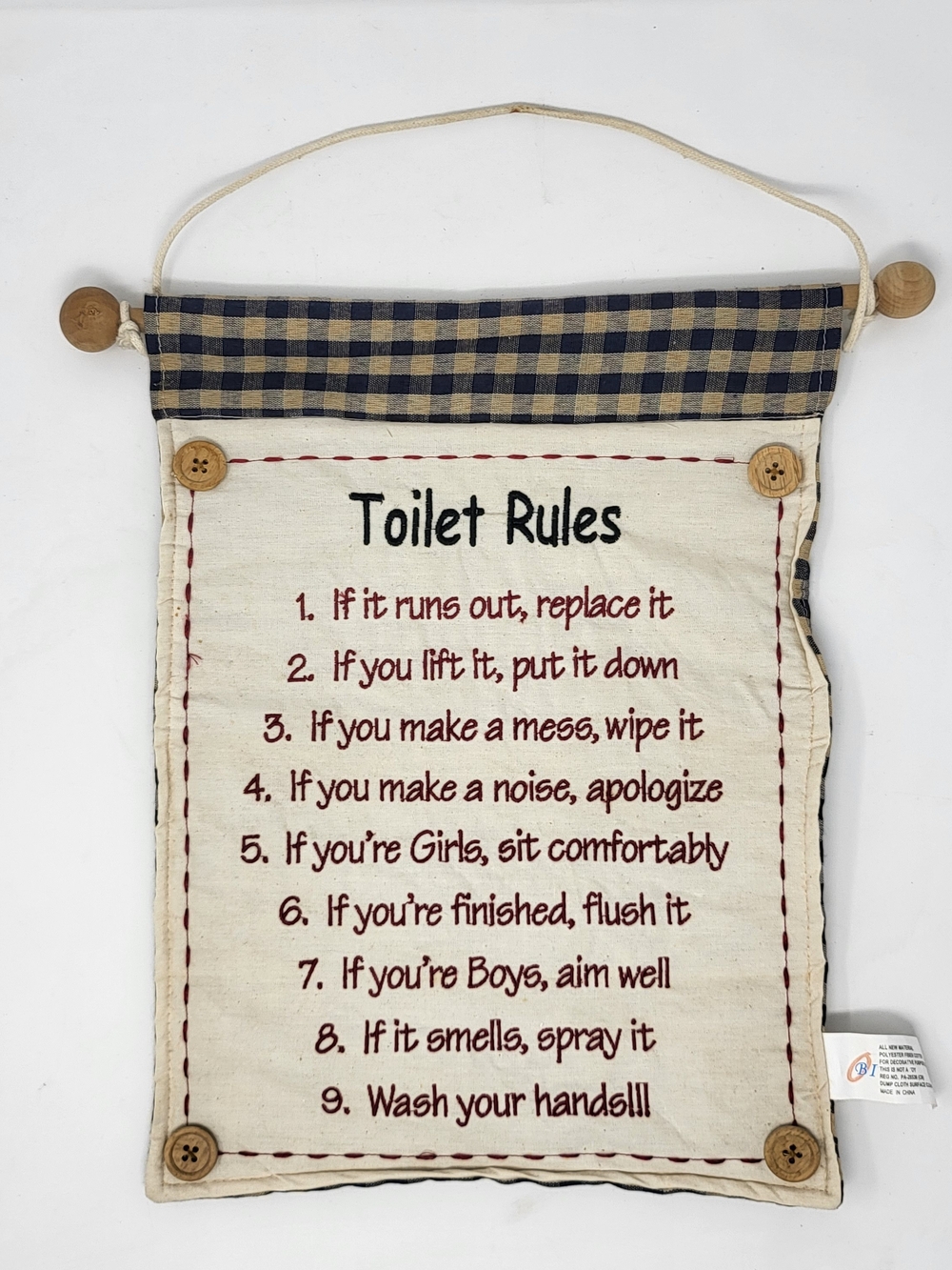 Toilet Rules Wall Hanging - Cream with Navy Check